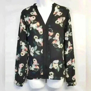 Women's Q&A Long Sleeve Printed Front Blouse Black Floral Size Large Retail $78